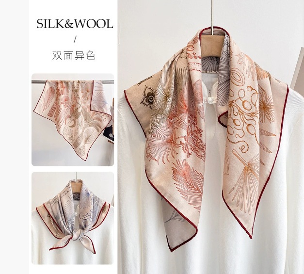 2025春秋冬新型高級シルクウールマフラー女性ファッション気質プリントストール両面シルクスカーフ