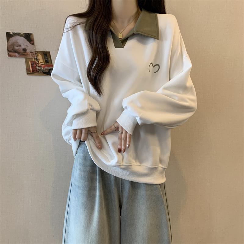 Polo Collar Long-Sleeve Base Shirt for Women, New Autumn Style, Plus-Size Loose Fit, Slimming, Large Size, Lazy Style, Versatile Design for Women