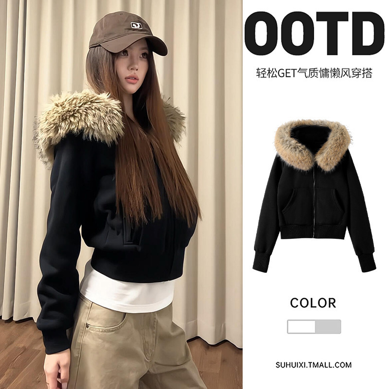 Black Hooded Fur Collar Fleece-Lined Thickeneded Jacket for Women Autum 2025 New American Short Style Winter Top for Small People Black Hooded Fur Collar Fleece-Lined Thickeneded Jacket for Women Autum 2025 New American Short Style Winter Top for Small People
