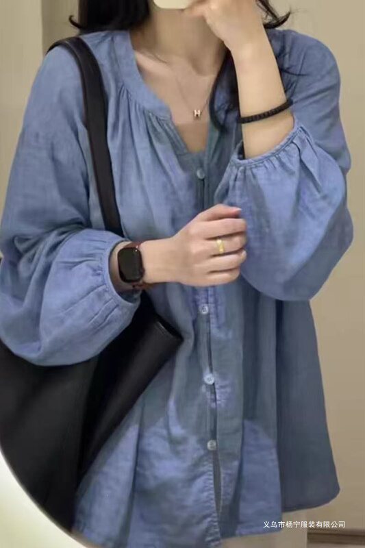 Gentle and Flattering~ Korean-Style Simple Lantern Sleeve Blouse for Women, 2026 Spring/Summer New Loose and Lazy Style Shirt