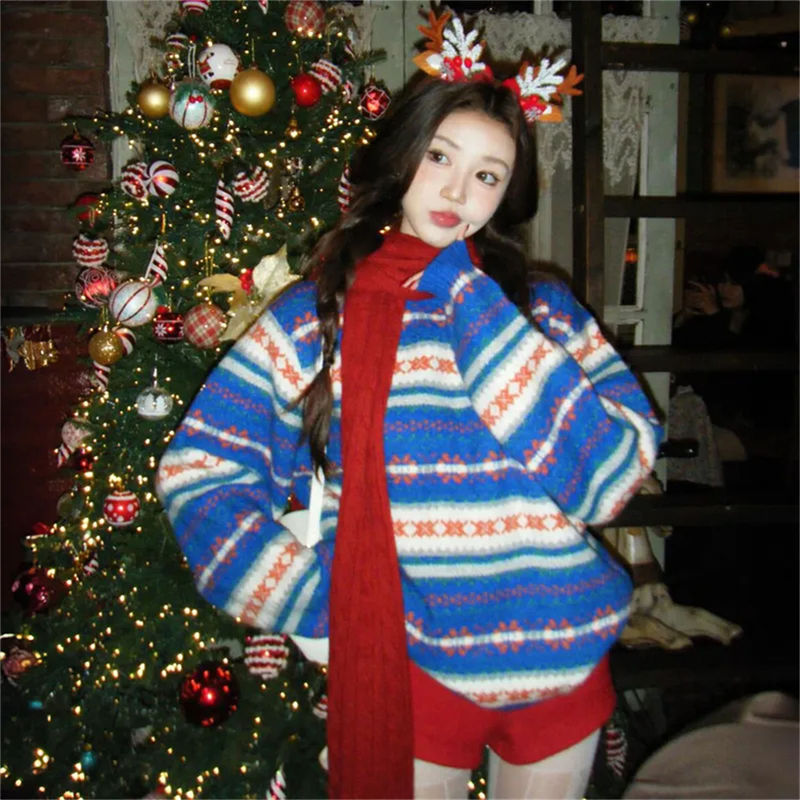 Fall/Winter Fell Island High Sense Jacquard Christmas Student Sweater Loose Lazy Pullover Sweater
