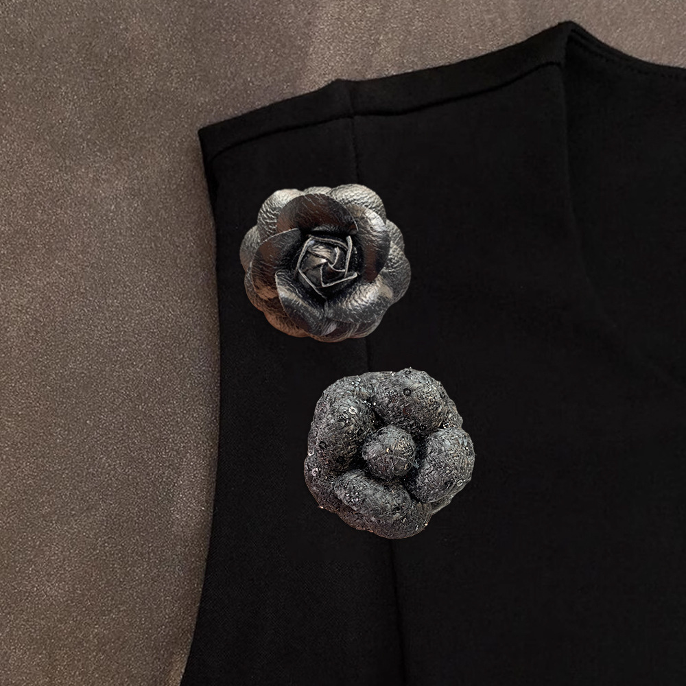 Dark-toned High-end Camellia Brooch, Chanel-tyle Fabric Tweed Corage Pin, Leather Flower, Acceory For Uit And_voghion.com
