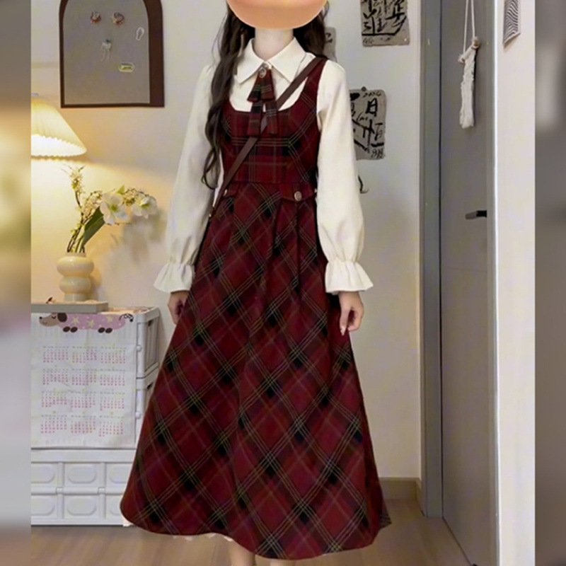 シングルスーツカレッジスタイル日本チェック柄サスペンダードレス女子学生ウエスト痩身ミドル丈サスペンダースカート|undefined