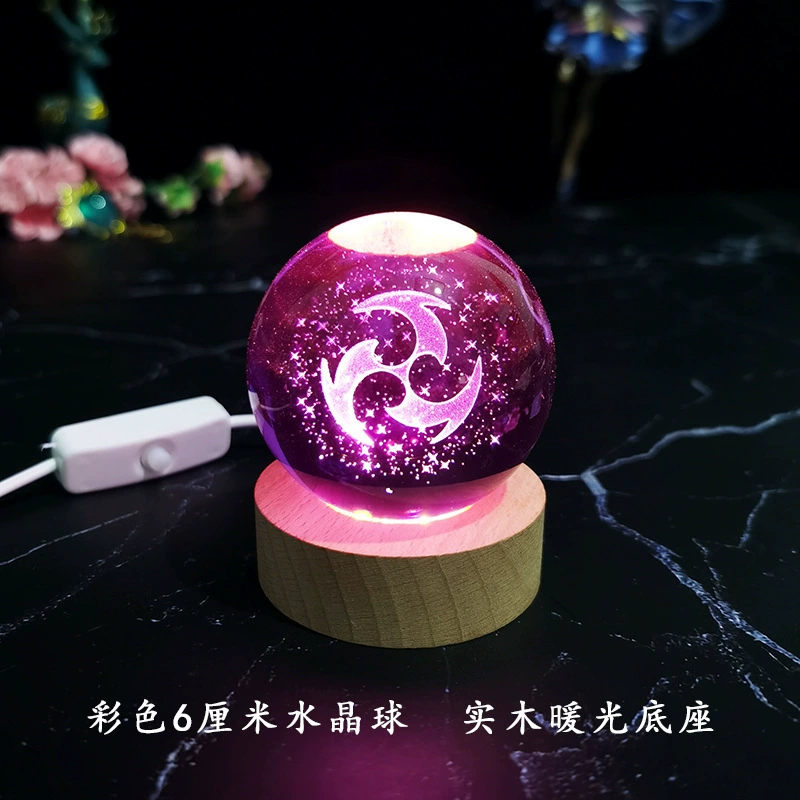 Ночная лампа кристальный шар (Genshin Impact), 3D-гравировка семи стихий, LED или деревянная подставка