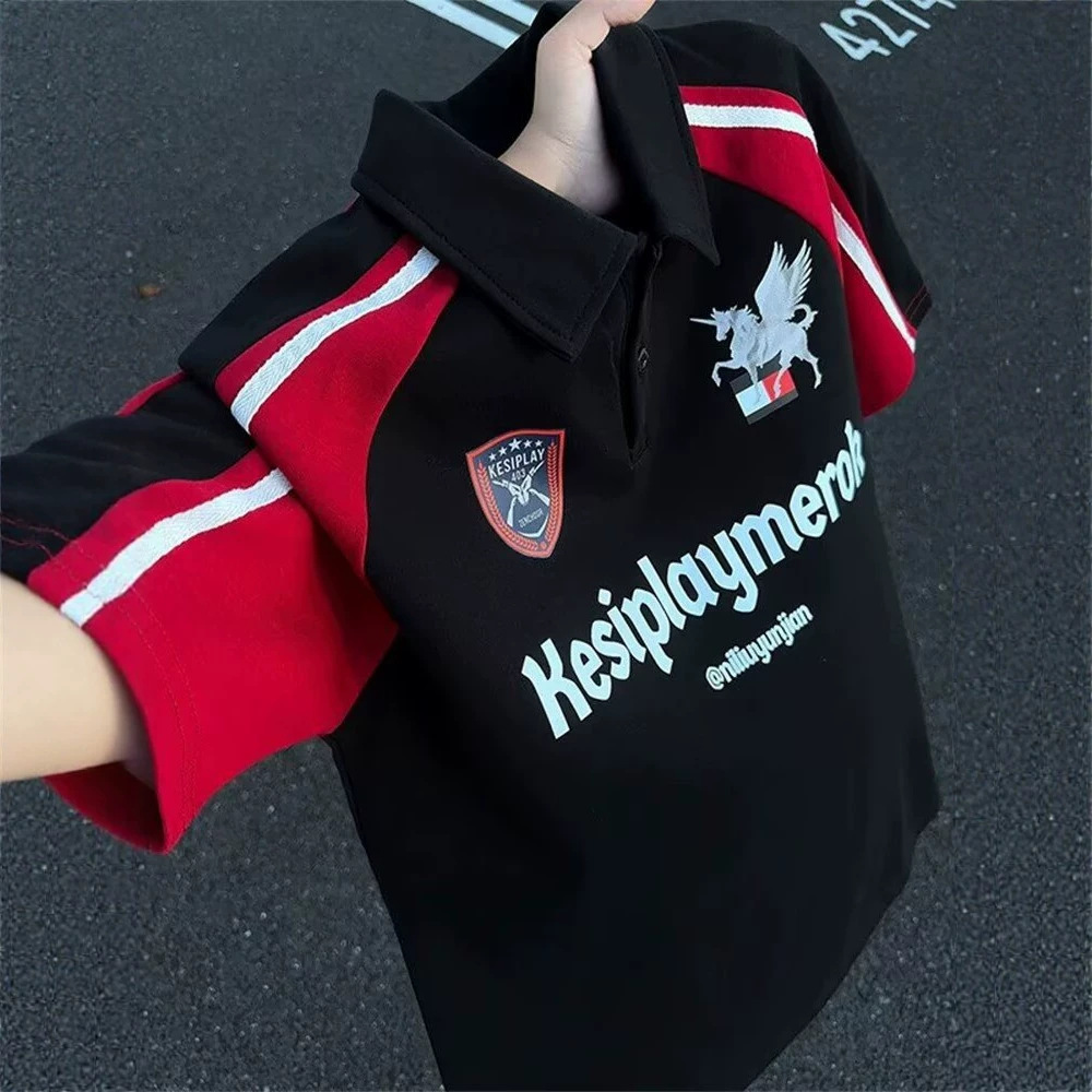 American-style color-blocked polo shirt, unisex summer collared short-sleeved loose casual couple style trendy round neck T-shirt