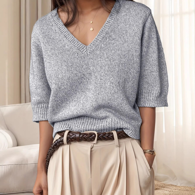 Solid Color V-Neck Short-Sleeved Ribbed Knit Sweater for Women, Simple and Elegant, Suitable for Daily Commuting