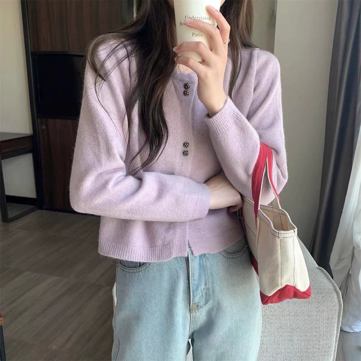 2024 новый стиль весны нежный сладкий стиль короткий полый круглый воротник с длинными рукавами свитер кардиган куртка женский