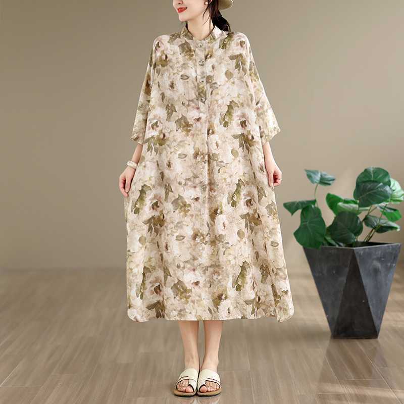 2026 Summer New Vintage Cotton-Linen Printed Dress with Stand Collar, Loose Fit, Extra Long, Plus Size, Resort Style Robe 2026 Summer New Vintage Cotton-Linen Printed Dress with Stand Collar, Loose Fit, Extra Long, Plus Size, Resort Style Robe