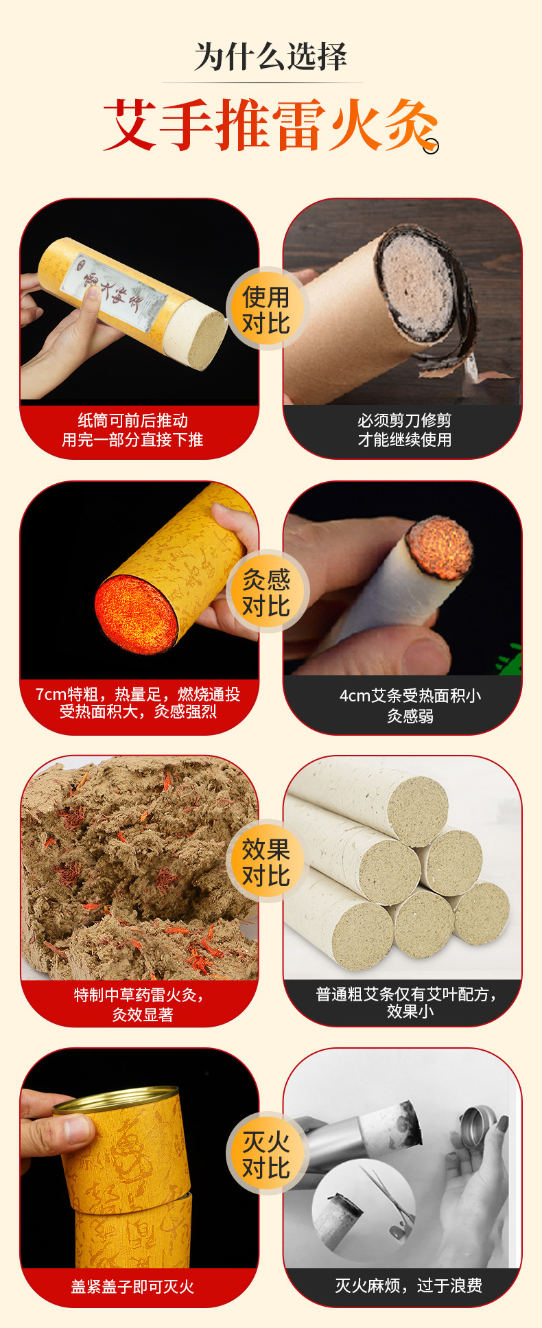 Nanyang 7cm Thunder Fire Moxa Stick Lei Huo Jiu Thick Moxibustion Roll with Herbal Blend for Warming Therapy key features