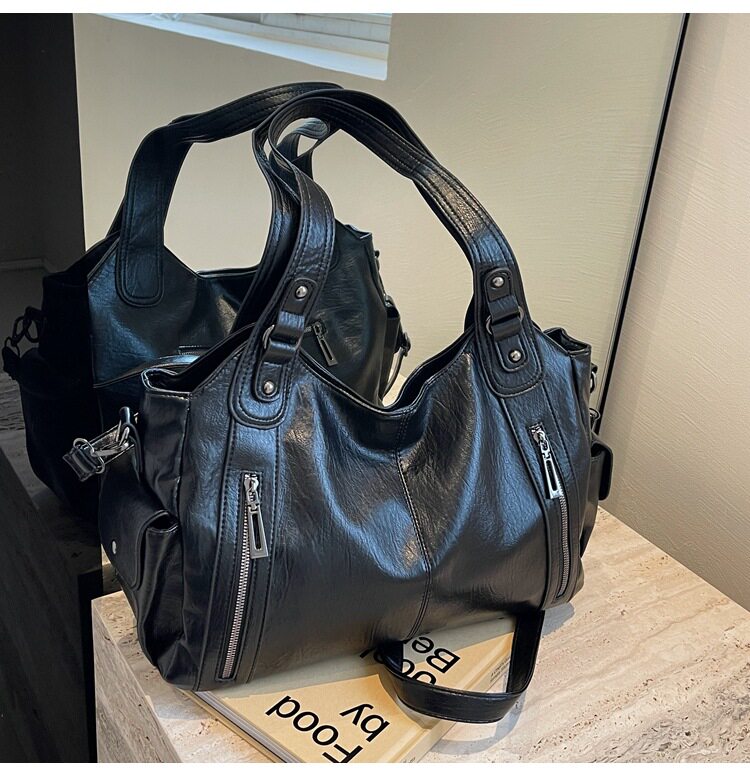 Túi tote nữ dung tích lớn đeo chéo đeo vai phong cách retro, chất liệu PU mềm — Màu cà phê, Màu nâu, Màu đen chi tiết 9