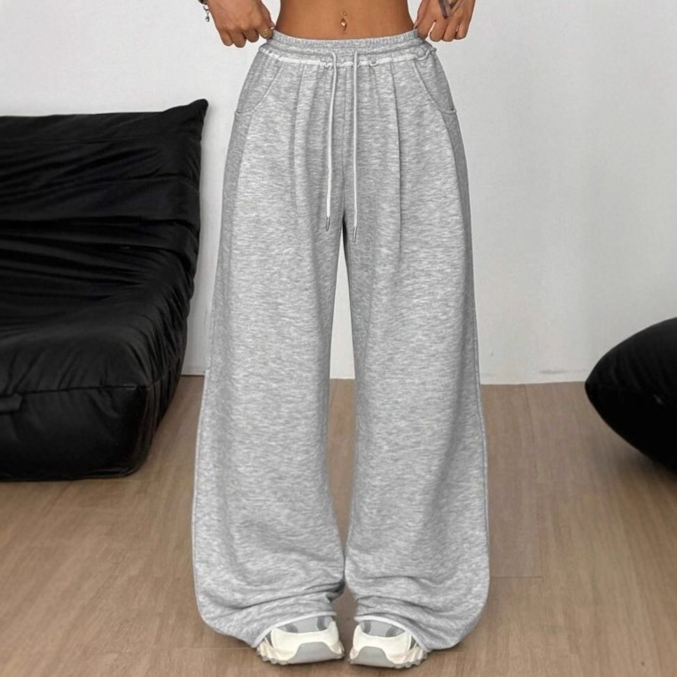 Cuerdas transfronterizas cintura elástica gris pantalones de pierna ancha para mujeres primavera y otoño cintura alta sensación vertical rectas sueltas pantalones casuales