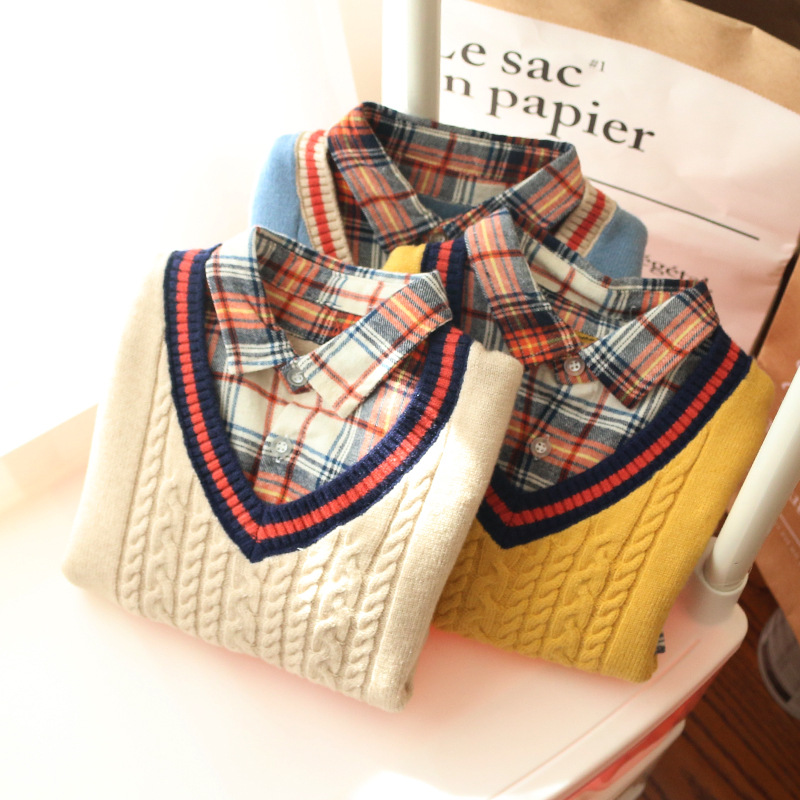 春季新款儿童假两件童装毛衣 爆男童格子寸衫麻花毛衣背心假两件