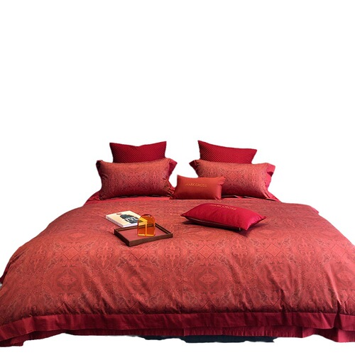 Light luxury high-end 100-count long-staple cotton four-piece set pure cotton wedding red printed quilt cover wedding 1.8 bedding
