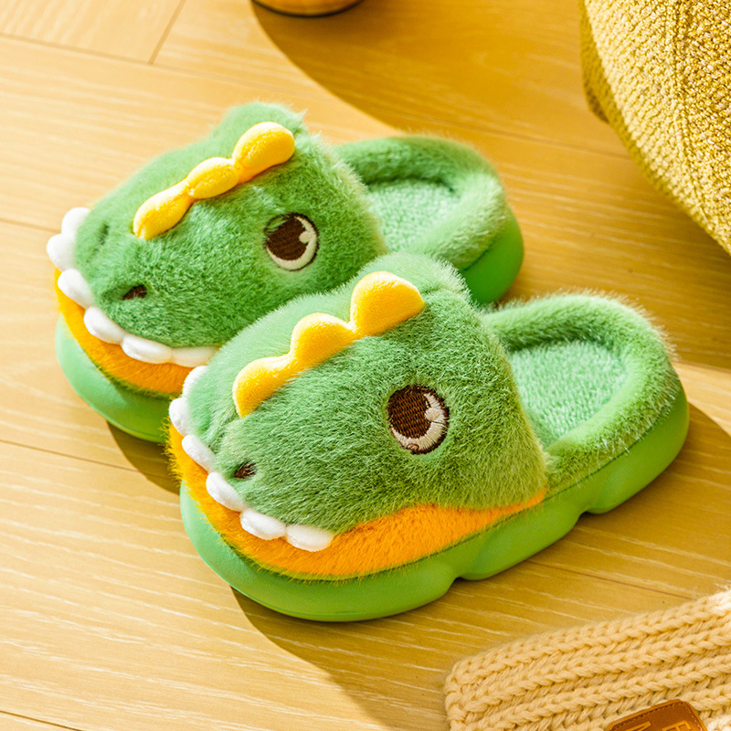 [Otoño e invierno nuevo] Zapatillas de lana para niños de invierno dibujos animados lindo dinosaurio bolsa talón Zapatillas de algodón para niños calientes
