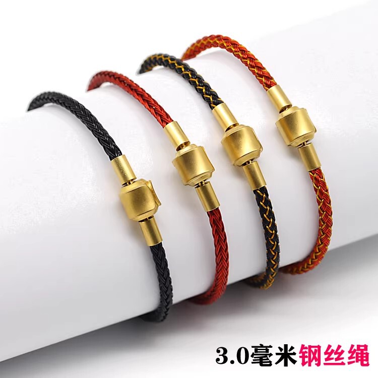 Zhou Sheng Gold Buckle 3.0mm Steel Wire Rope Bracelet 3D Hard Gold Red Rope for the Year of Birth Unisex Bracelet Personalized Trend