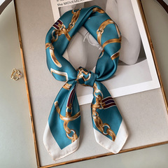 2021韓版春秋新款時尚氣質70小方巾女鏈條裝飾領巾披肩百搭圍巾女