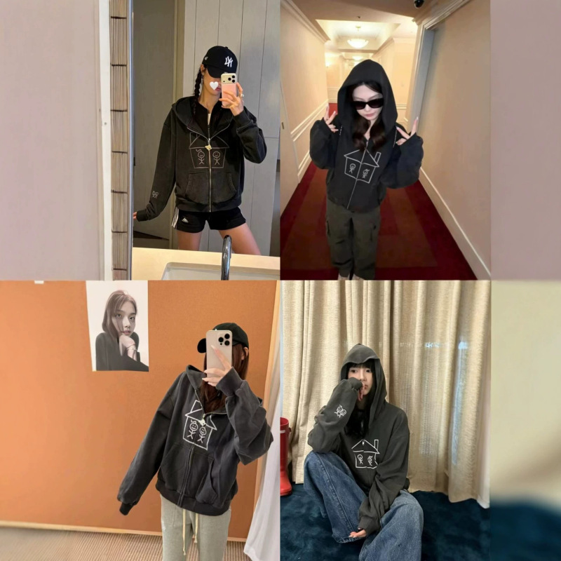 [Market Differentiation] Korean 26FW Matchstick House Print Hooded Zipper Jacket for Women, Relaxed and Sweet Cool Style