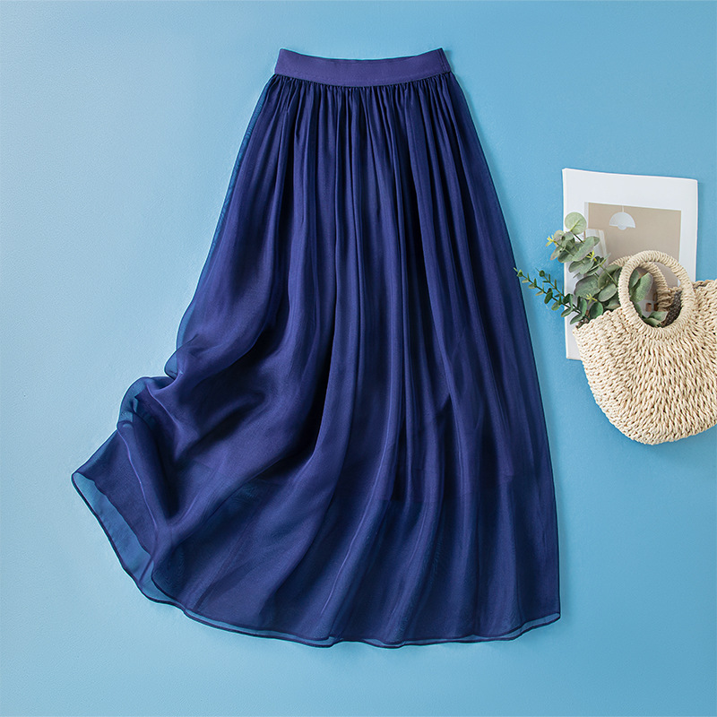 Summer Silk Midi Skirt for Women, 2026 New Style, Elegant Plus-Size Solid Color Mulberry Silk Petite Umbrella Skirt