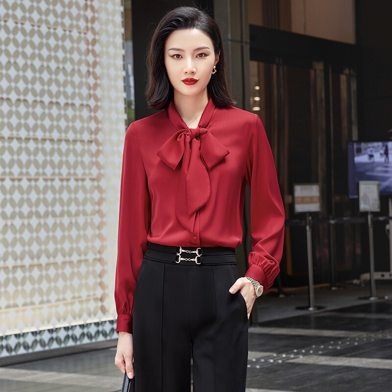 Burgundy Satin Chiffon Long-Sleeved Shirt for Women, Various Autumn and Winter New Fashion Elegant Shirts, Casual Large Size Tops