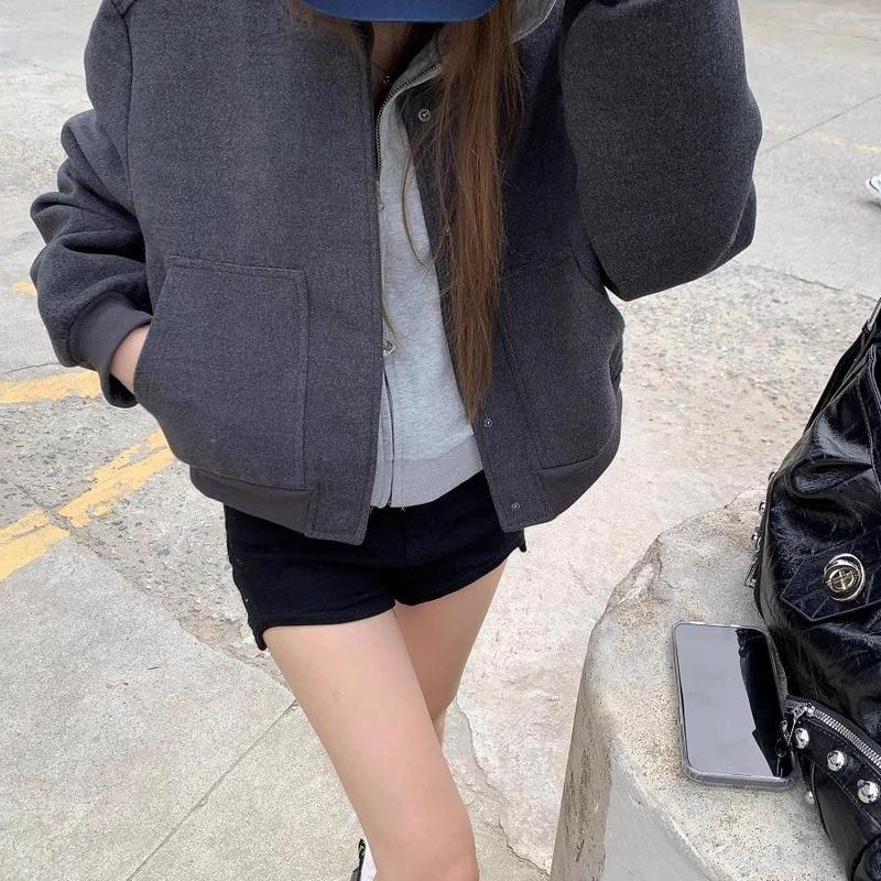 初秋外套女高级感灰色毛呢拉链棒球服气质短款夹克宽松休闲上衣潮|undefined
