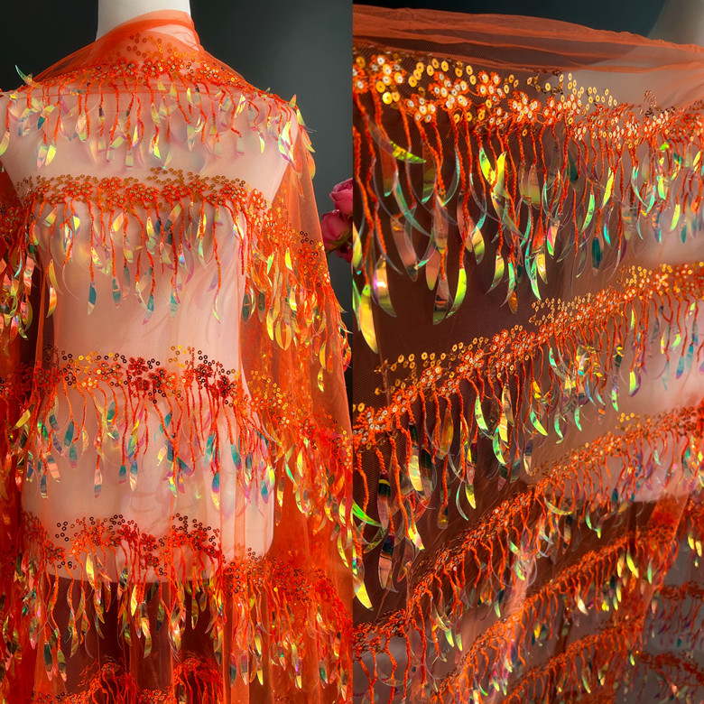 新款子彩色流苏亮片绣花花边时装女装童装表演服亮片布料刺绣面料