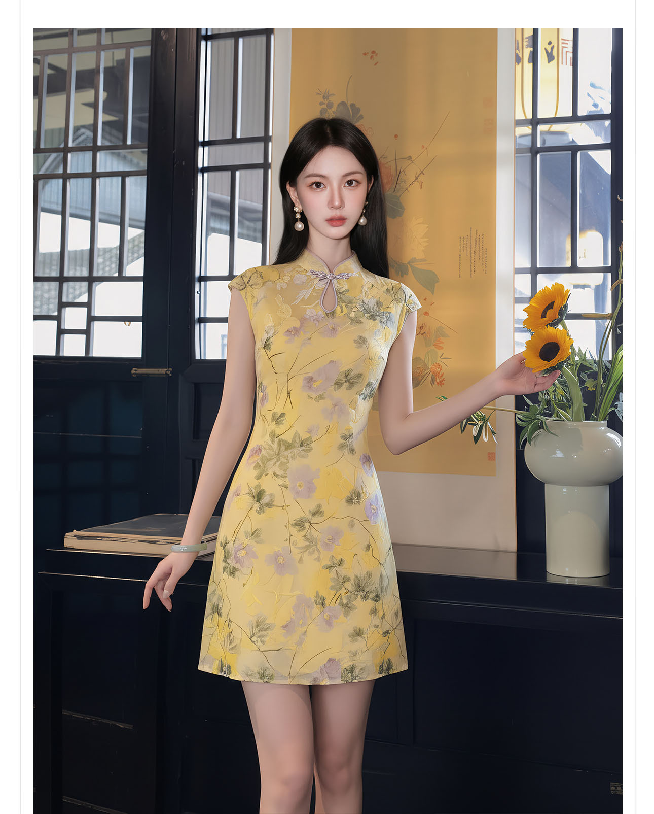 Đầm sườn xám cách tân họa tiết hoa văn nổi, thiết kế ôm eo thanh lịch — váy liền chi tiết 3