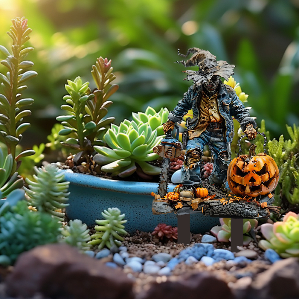 亚克力万圣节电锯惊魂南瓜装饰地插盆栽植物场景装饰道具装饰牌