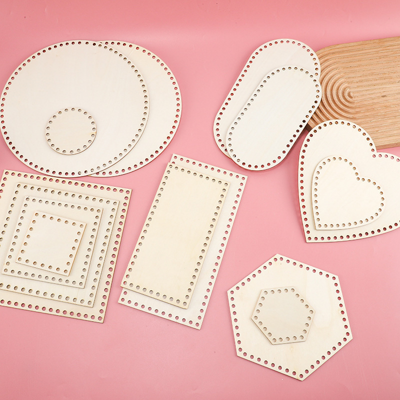 DIY woven basket frame storage box wooden bottom plate handmade crochet wooden base log color round wood chip perforated plate