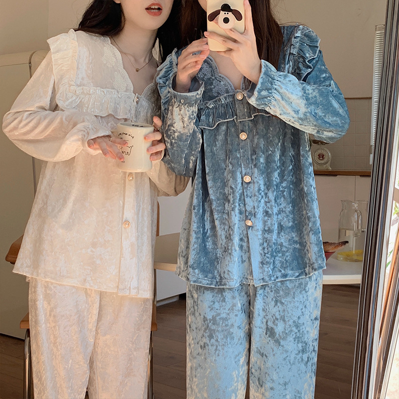 High-end Korean style gold velvet pajamas ins style pajamas women's autumn and winter diamond velvet Internet celebrity two-piece home wear High-end Korean style gold velvet pajamas ins style pajamas women's autumn and winter diamond velvet Internet celebrity two-piece home wear