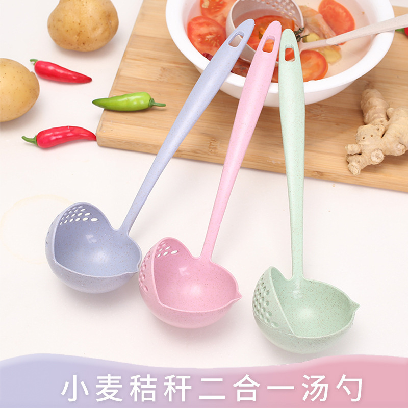wheat straw spoon long handle plastic big spoon 2-in-1 soup spoon and strainer factory environmental protection tableware hot pot spoon