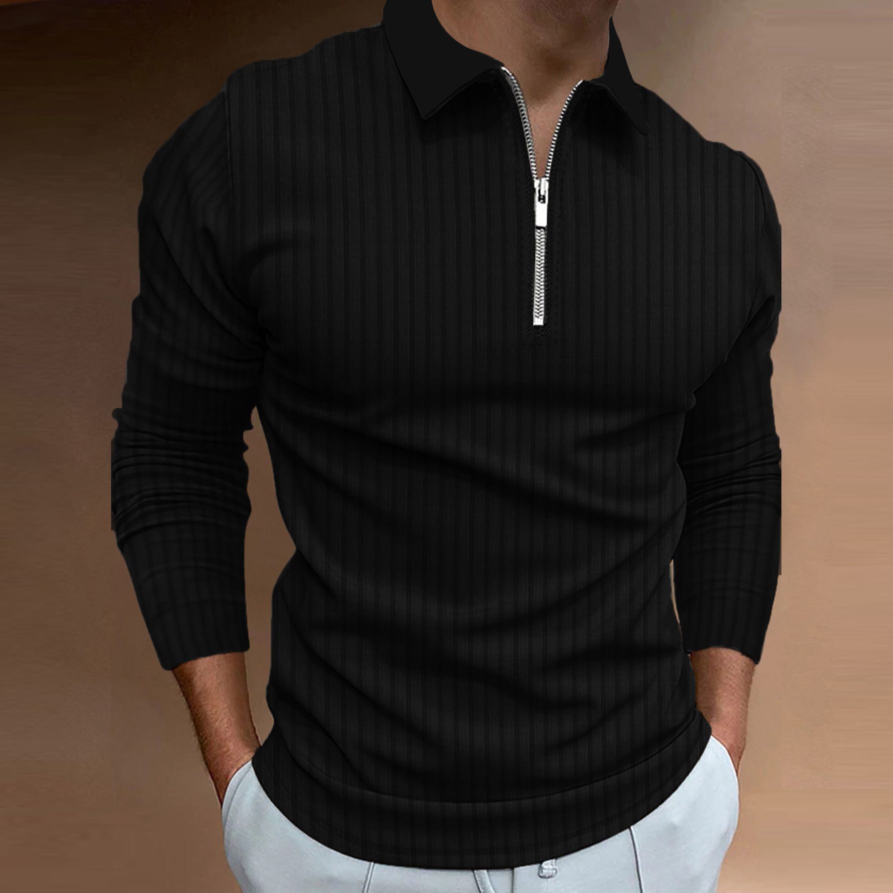 Nuevo transfronterizo de otoño para hombres europeos y estadounidenses deportivo acondicionamiento físico casual de collar vertical elástico tiras verticales con cremallera de manga larga camisa polo