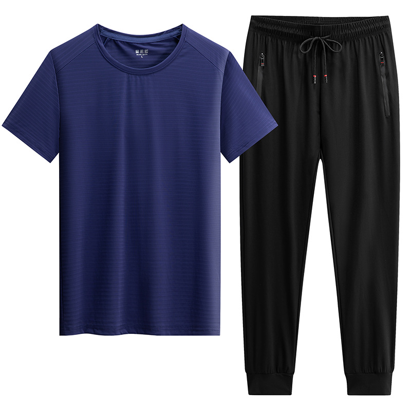 男士休闲套装2022夏季冰丝速干运动服装两件套短袖t恤长裤男装潮