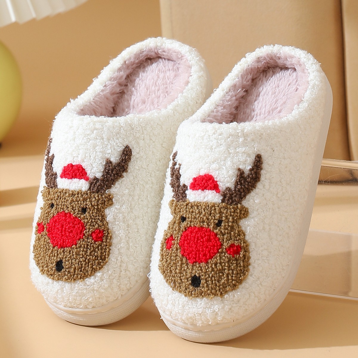 亲子跨境儿童棉拖鞋圣诞鹿女童厚底家居卡通居家毛绒棉拖棉拖TEMU