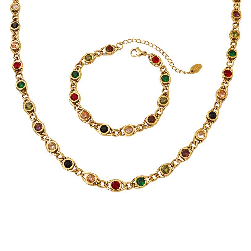 Francés gema nicho ins moda colorido circón costura cadena pulsera collar al por mayor de las mujeres del todo-fósforo joyería transfronteriza