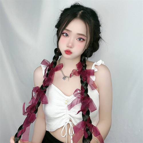 Female Hair Extension Braids with Satin Ribbons and Bow - Factory New Hot Hair Mechanism Double Ponytail - Dropshipping One Piece