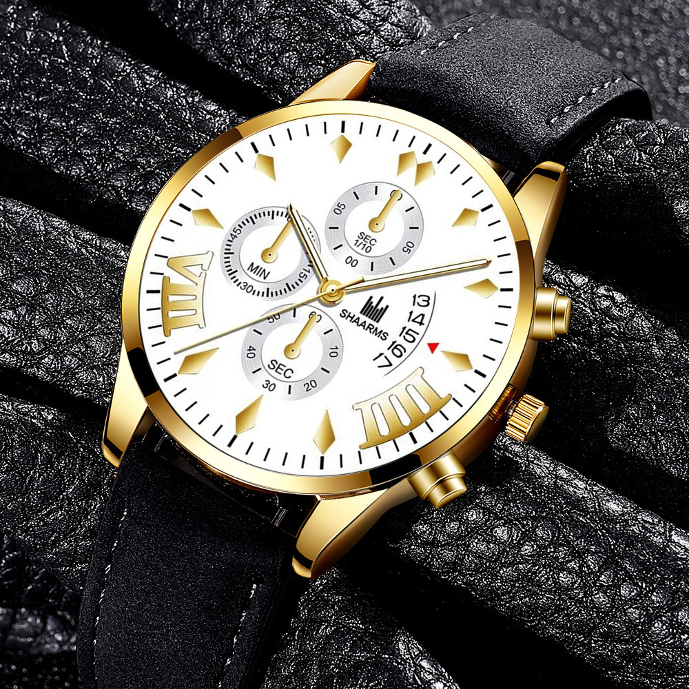 Large dial fake Three-Eyed Men's belt calendar business casual watch men's fashion watch cross-border explosive wholesale