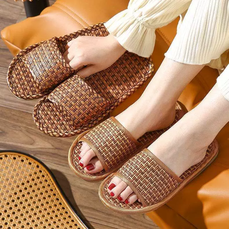 Летние тапочки из ротанга и бамбука для мужчин и женщин, парные домашние тапочки для помещений, нескользящие, дышащие, из льняной ткани.