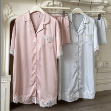 2025新款冰丝睡衣女水溶蕾丝衬衫短袖短裤休闲简约家居服可外穿