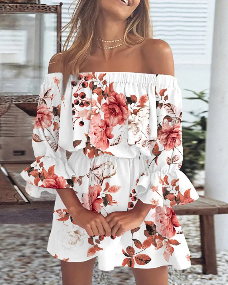 Vestido sexy de moda con estampado de un solo hombro para mujer, estilo europeo y americano, para el mercado transfronterizo de Amazon, 2023