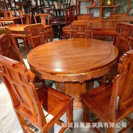 北方老榆木圆形餐桌椅组合带转盘家用小户型中式实木饭桌大圆桌