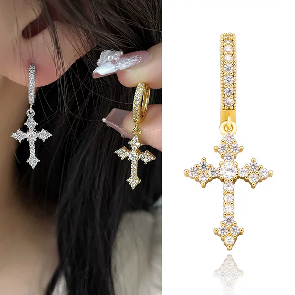 Exquisite and Unique Minimalist Hoop Earrings, Internet Celebrity Dark Style Full Diamond Earrings, Niche Design Cross Earrings