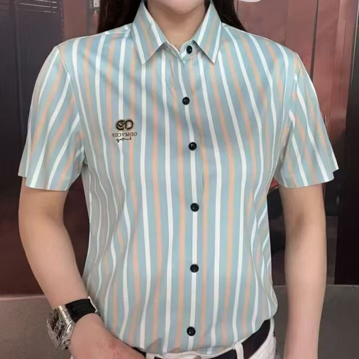 2025 Men's New Summer Trendy Fashion Personality Versatile Striped Slim Casual Short-Sleeve Shirt Wholesale
