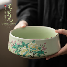 豆绿汝窑芙蓉花茶洗陶瓷茶渣缸水盂杯洗大容量茶水桶陶瓷茶具配件