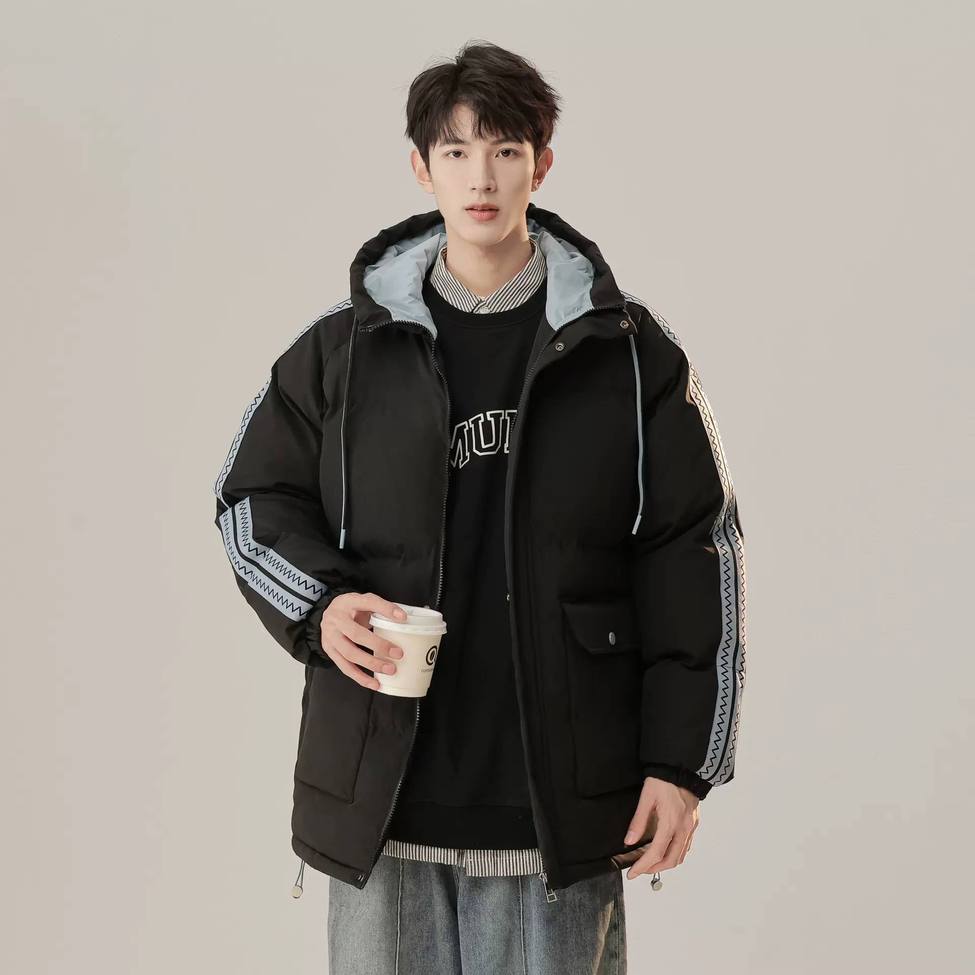 简恒连帽加厚宽松棉服男外套拼接条纹撞色棉袄情侣宽松面包服棉衣