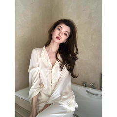 法式甜美高级感冰丝长袖睡衣女春秋款2025新款休闲长裤家居服套装