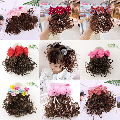 new children's wig girl baby long hair girl bow short curly hair princess hairpin hair accessories headdress