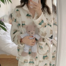 韩国ins女士冬季小熊加厚保暖法兰绒睡衣家居服女长袖长裤套装女