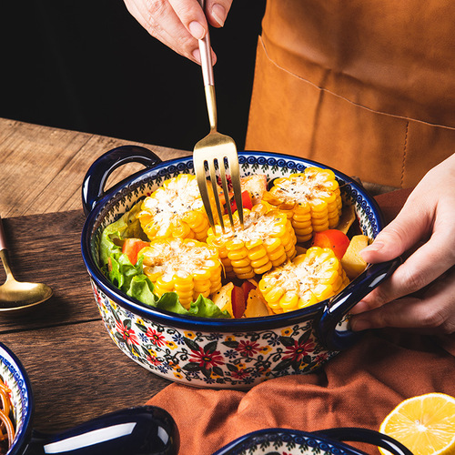 Creative Exotic Daisy Engraved Bohemian Handle Ceramic Baking Pan Bowl Cheese Bake Rice Tableware Dual Ears Oven Use