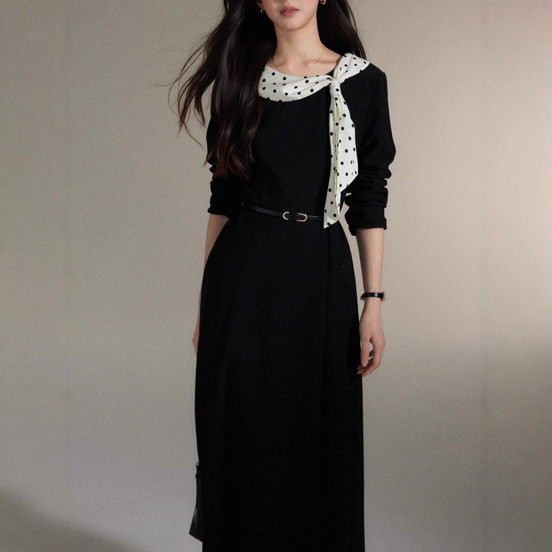 Er Yang Design [Nanyi] French Style Polka Dot Floating Collar and Black Dress Women's High-End Waist Skirt