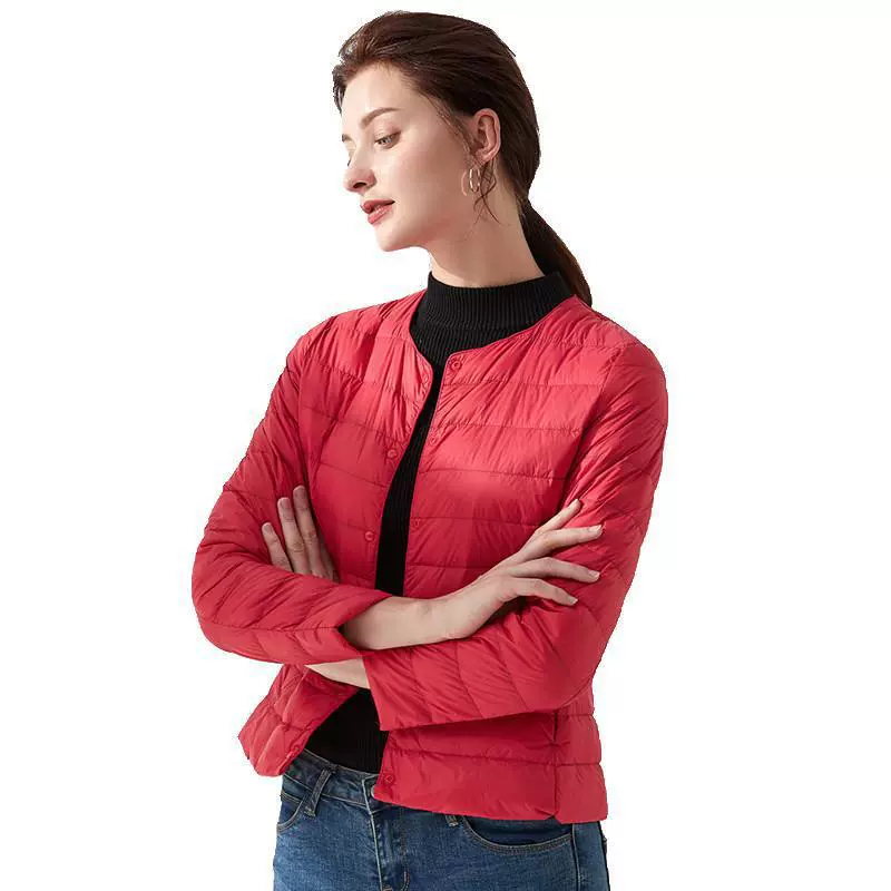 Демисезонная куртка из пуха с длинным рукавом, круглый воротник, slim fit, плюс размеры